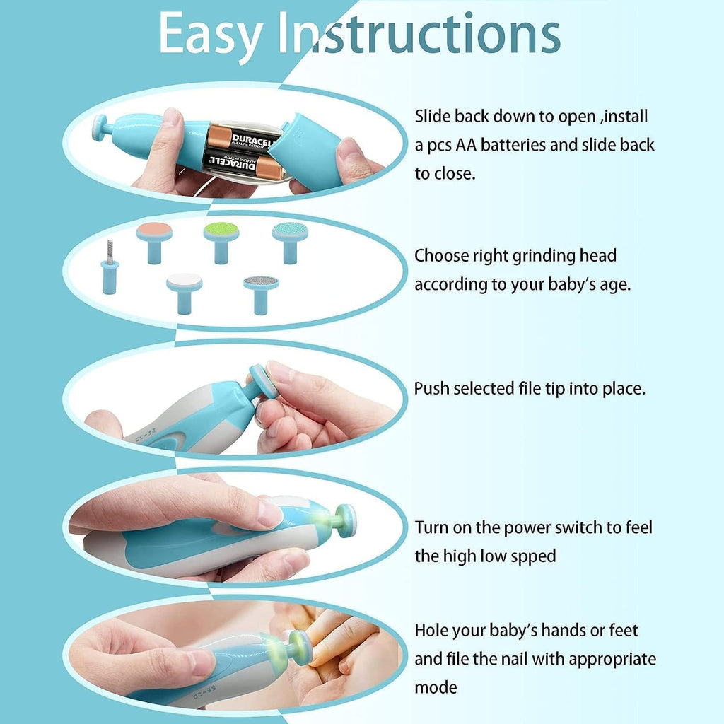 Baby Nail Trimmer Electric|Safe Baby Nail File|Baby Nail Clippers with Light and 6 Grinding Pads for Newborn Infant Toddler or Adults Toes and Fingernails|Kids Nail Care|Polish and Trim (Blue)