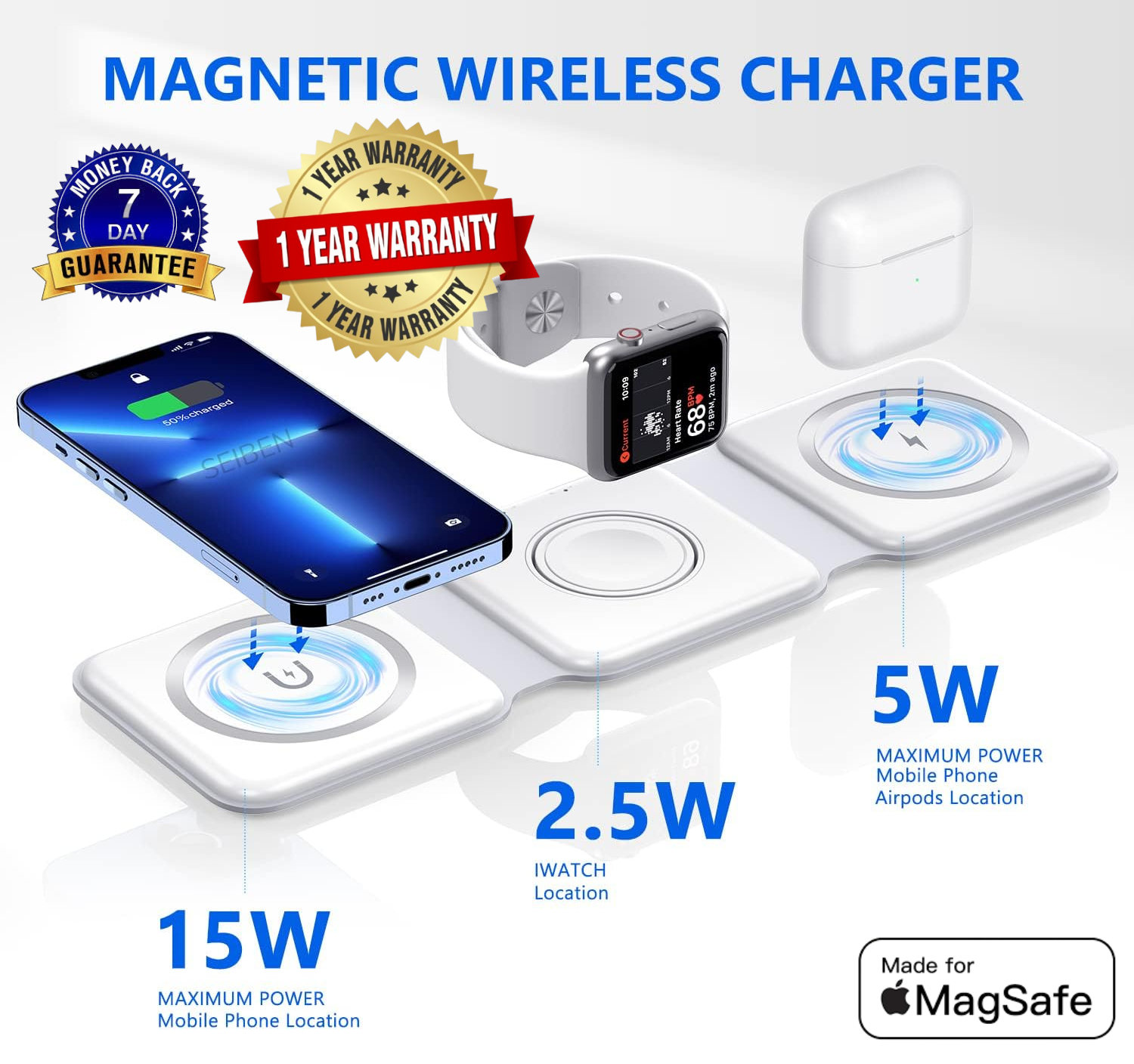Apple 3-in-1 MagSafe Wireless Charger | 23W Fast Foldable Charging Dock for iPhone 12-17, Apple Watch & AirPods | 7-Day Money Back Guarantee – Matte Black and White