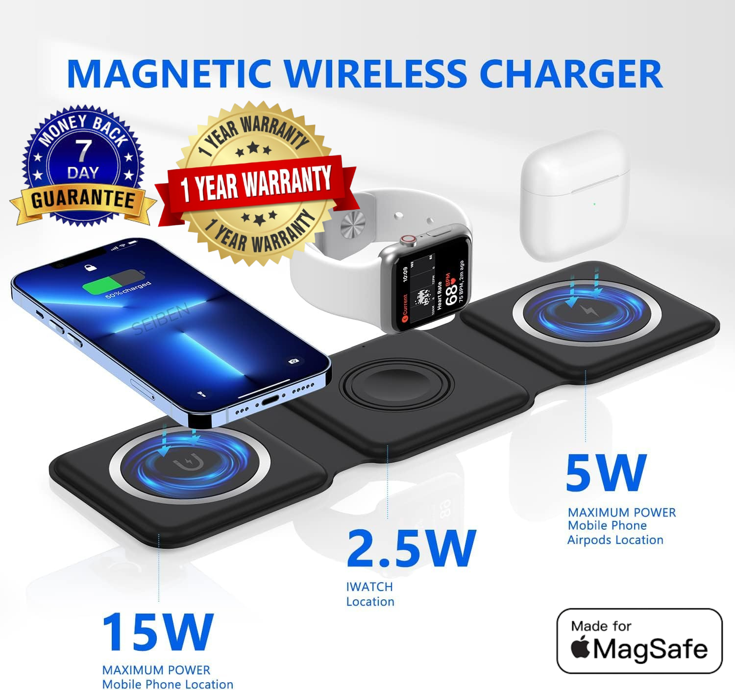 Apple 3-in-1 MagSafe Wireless Charger | 23W Fast Foldable Charging Dock for iPhone 12-17, Apple Watch & AirPods | 7-Day Money Back Guarantee – Matte Black and White